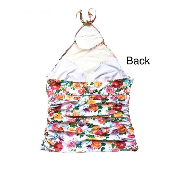 La Vie En Rose Aqua white floral high halter neck tankini top swimsuit size XL​ - Picture 9 of 13